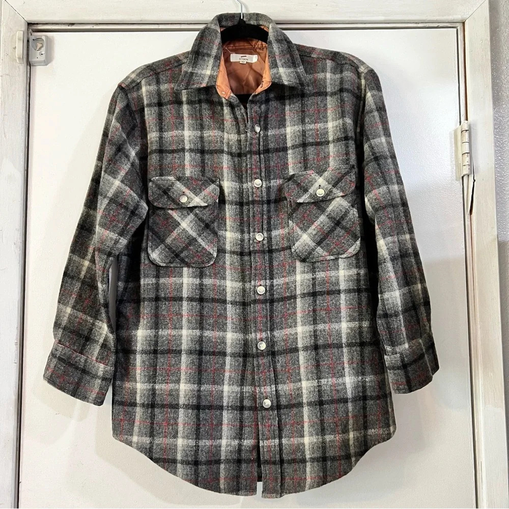 Briggs Vintage Plaid Wool Shirt Button Down Zipper Boxy Window Pane Gray Shaket